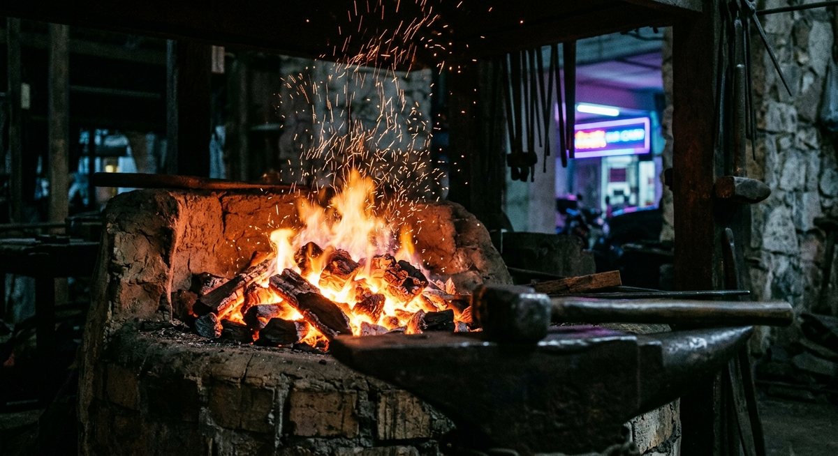 Percikan api tungku besi tradisional di bengkel pembuatan keris