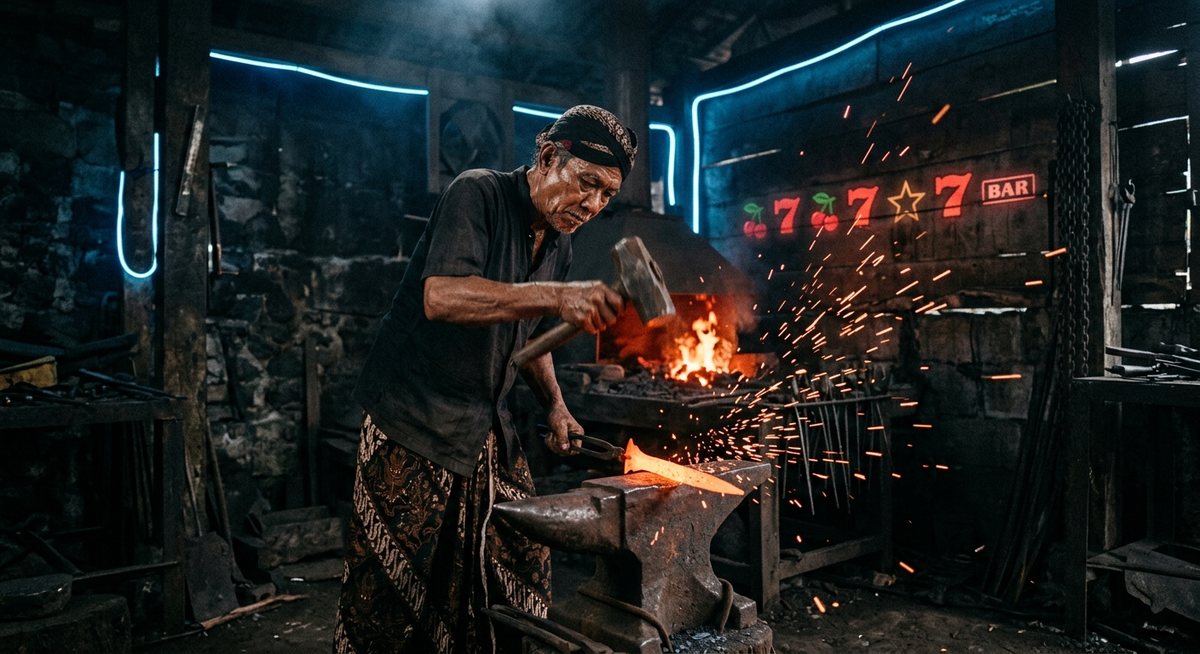 Empu pandai besi menempa bilah keris dengan palu di bengkel berapi
