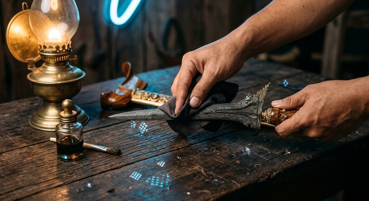 Tangan mengelap bilah keris dengan kain lembut dan minyak perawatan di meja kerja