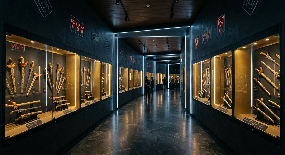 Galeri museum dengan koleksi keris dalam lemari kaca bercahaya